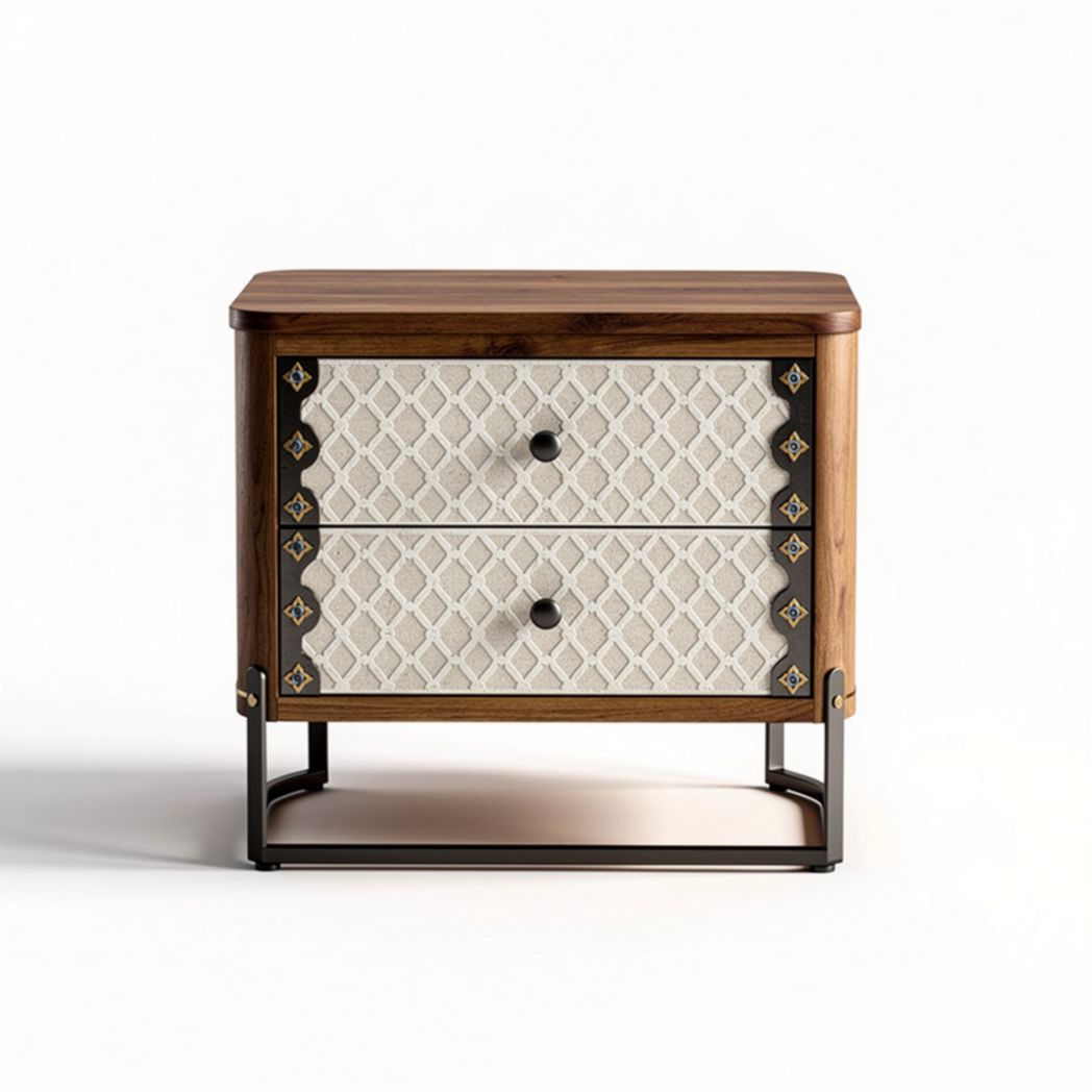 Wooden nightstand with two drawers and metal frame in brown and cream design