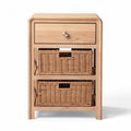 Wooden nightstand with drawer and two woven storage baskets 45 x 35 x 75cm