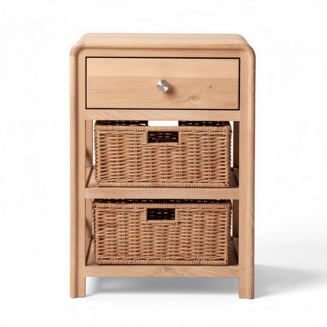 Wooden nightstand with drawer and two woven storage baskets 45 x 35 x 75cm