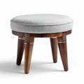 Upholstered round ottoman in light gray fabric with wooden legs 45 x 45 x 40cm