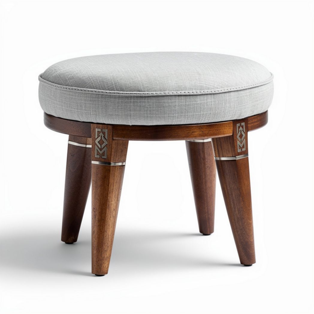 Upholstered round ottoman in light gray fabric with wooden legs 45 x 45 x 40cm