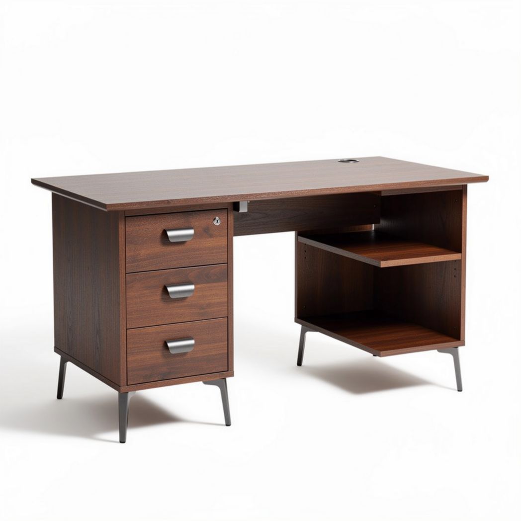 Wooden desk with three drawers and open shelf for home office use 150 x 75 x 75cm
