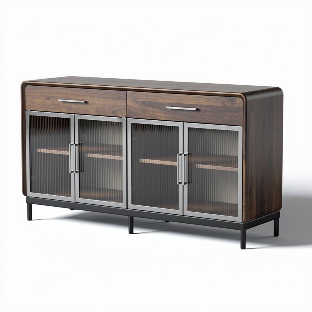 Wooden cabinet with glass doors and metal frame 120 x 40 x 75cm for storage