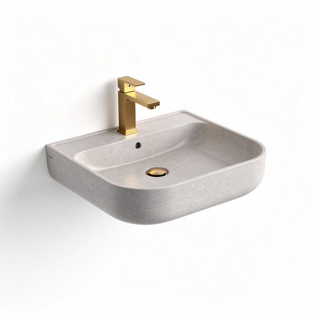 Wall-mounted rectangular sink with gold faucet made of concrete 40 x 40 x 15cm