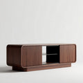 Wooden media console table with sliding doors and open shelves 150 x 40 x 50cm