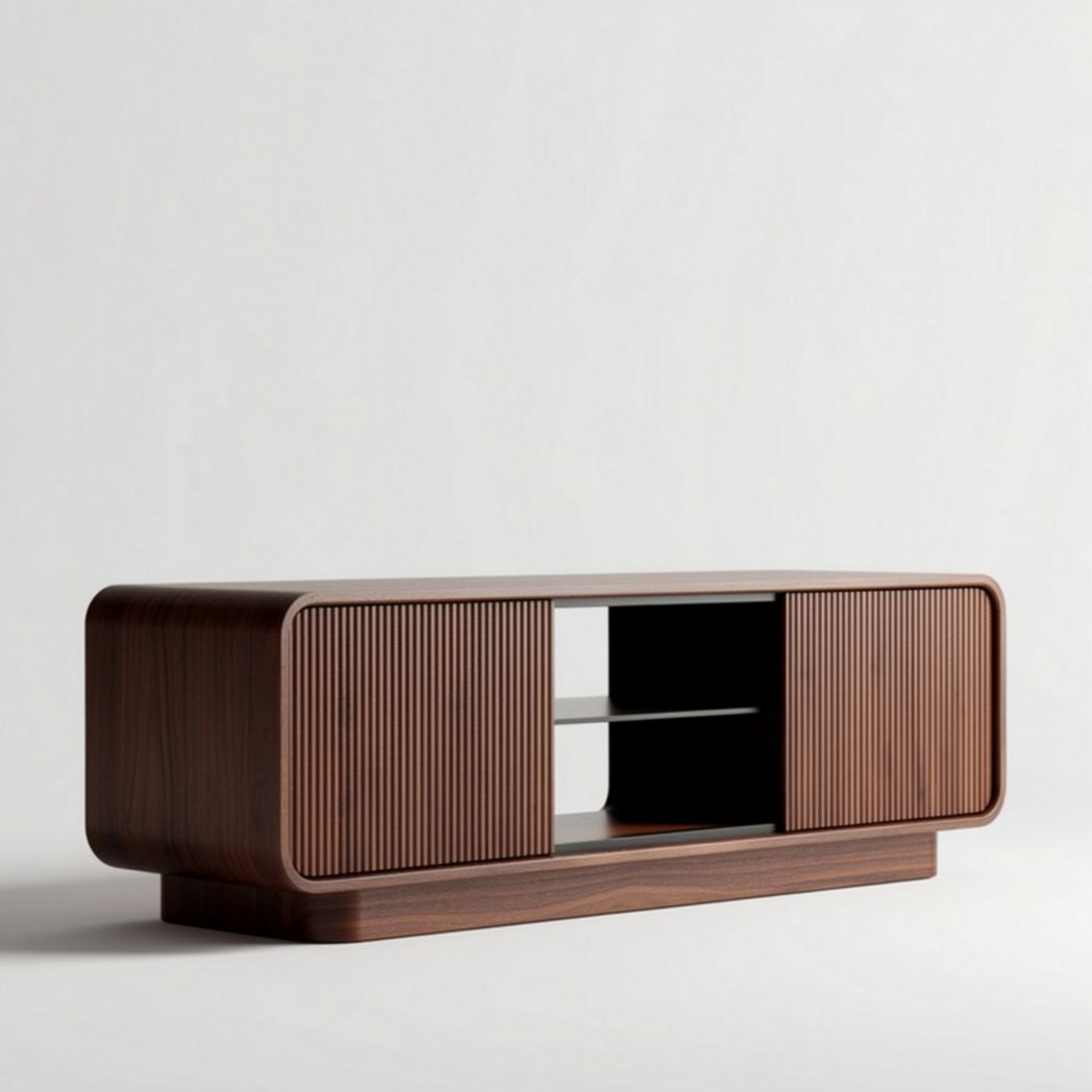 Wooden media console table with sliding doors and open shelves 150 x 40 x 50cm