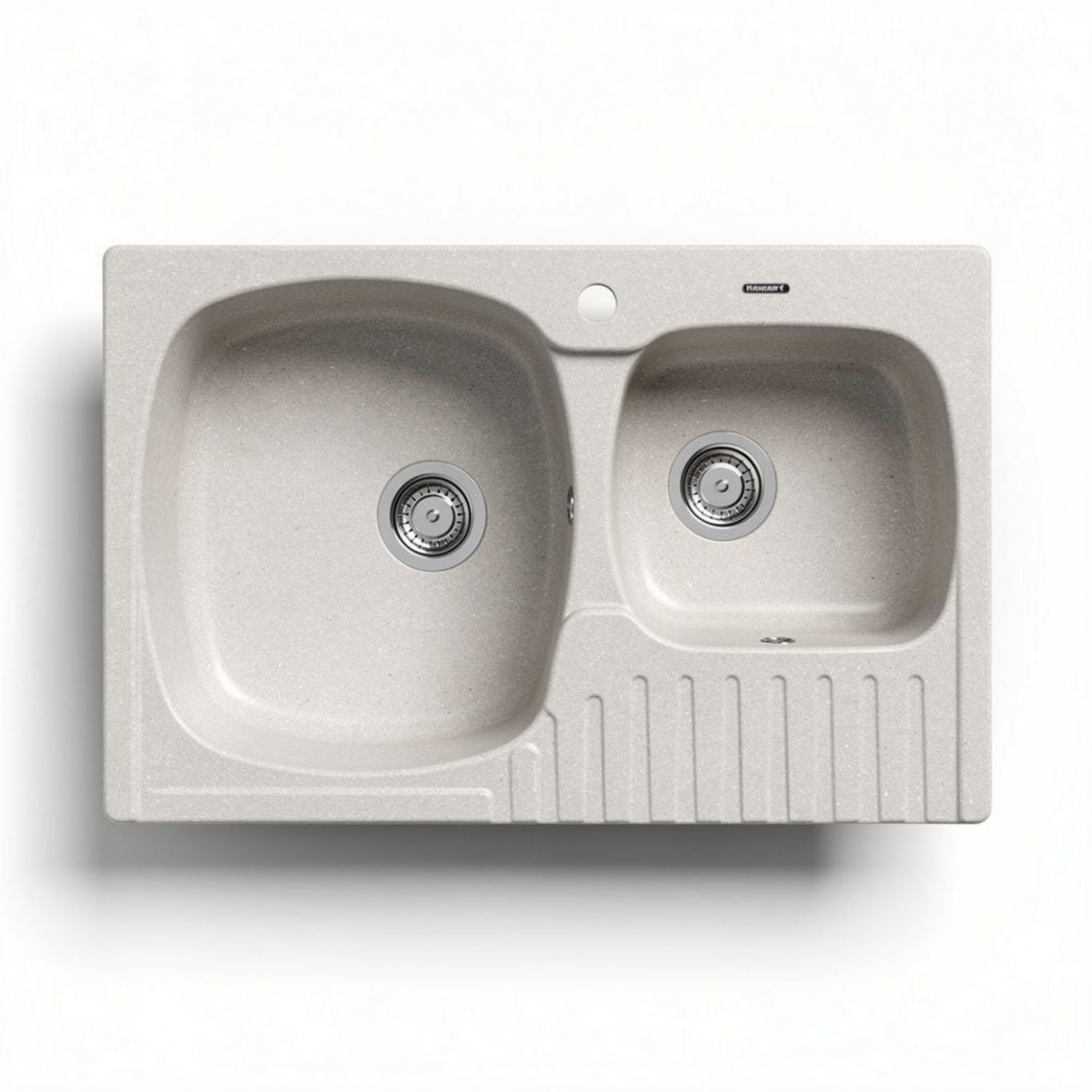 Dual compartment kitchen sink with integral drainboard in beige 80 x 50 x 20cm