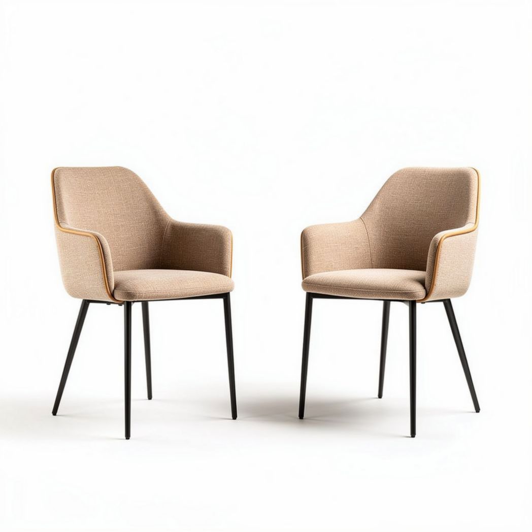 Fabric dining chairs with armrests and black metal legs set of two
