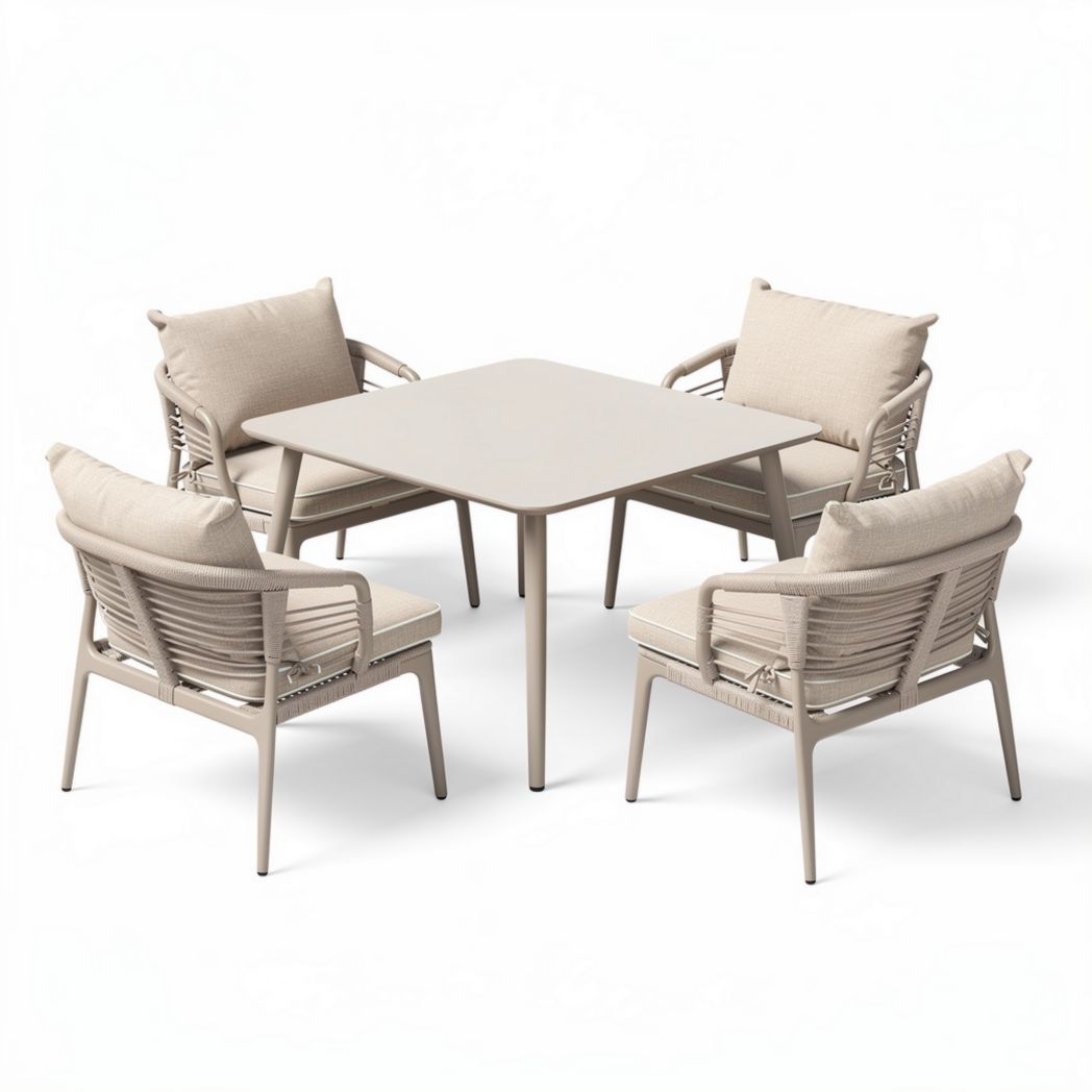 Outdoor patio dining set with four chairs and square table in beige 80 x 80 x 75cm