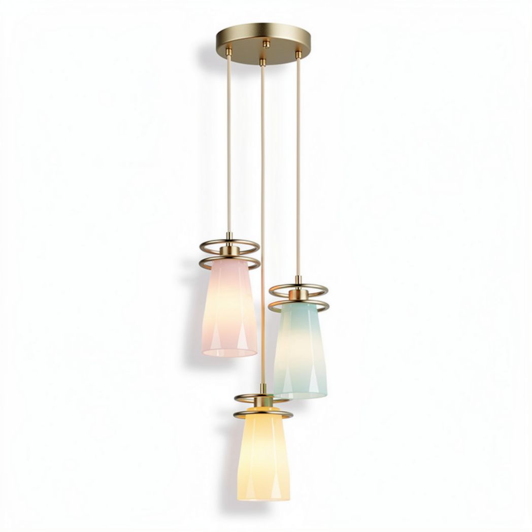 Three-light pendant lamp with glass shades in pastel colors and metal accents