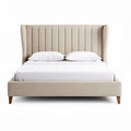 Upholstered platform bed with tufted headboard in beige fabric 210 x 160 x 120cm