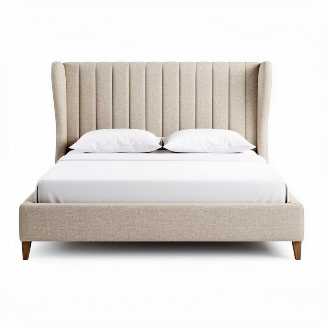 Upholstered platform bed with tufted headboard in beige fabric 210 x 160 x 120cm