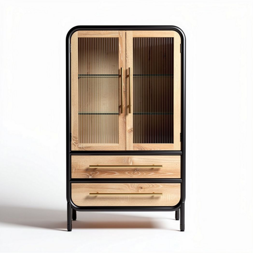Wood and metal cabinet with glass doors and two drawers 80 x 40 x 150cm