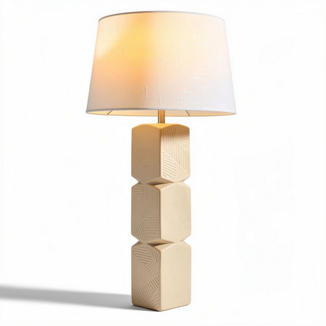 Ceramic table lamp with geometric design and white fabric shade 30 x 30 x 60cm